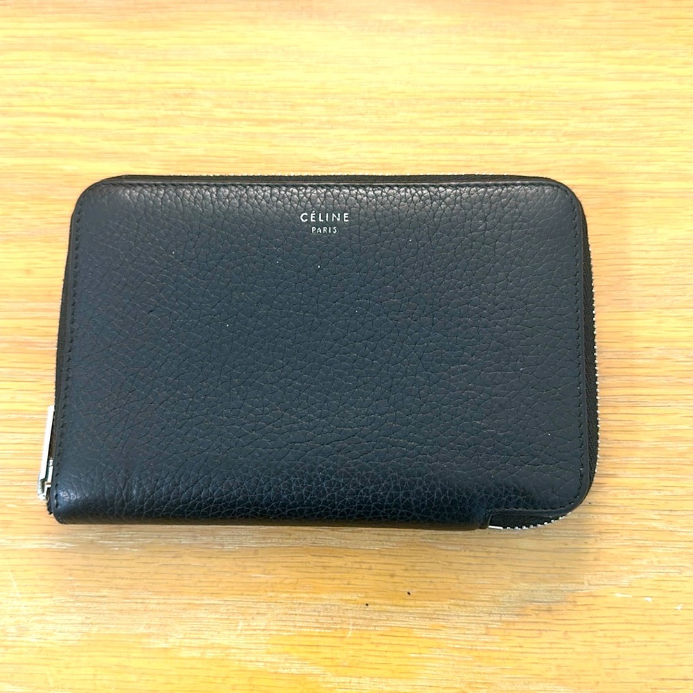 Celine Black/Yellow Pebbled Leather Zipped Wallet